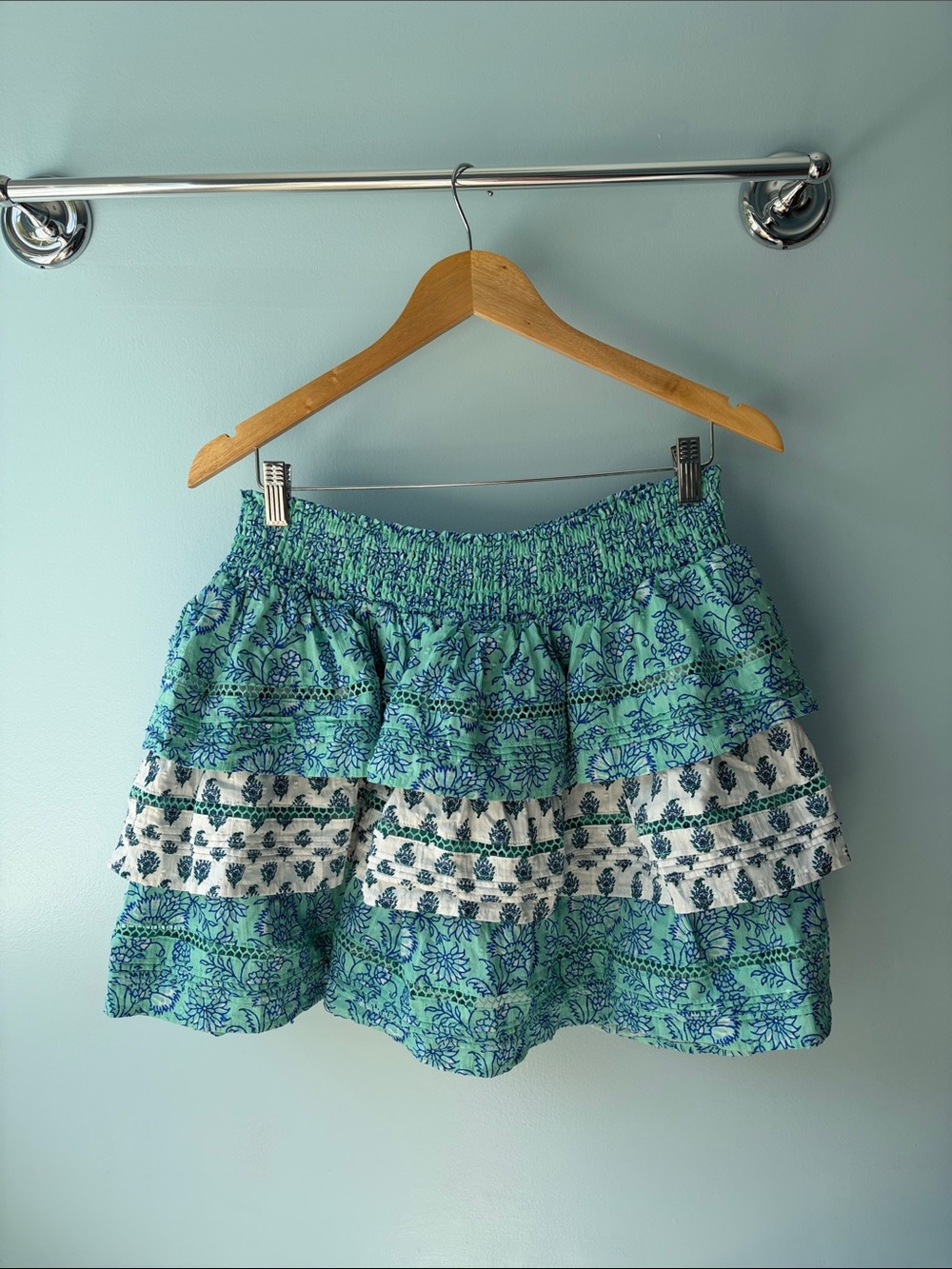 Roller Rabbit x Target Aqua Blue Floral Tiered Smocked Mini Skirt Size M